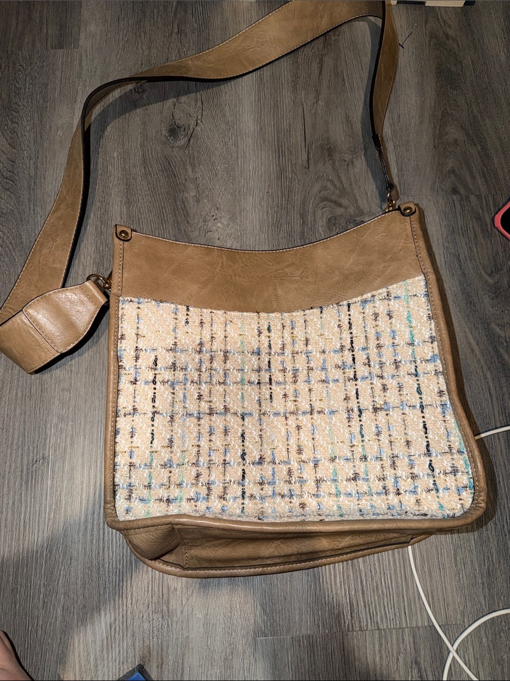 Textured Tweed Front Crossbody Bag in Tan